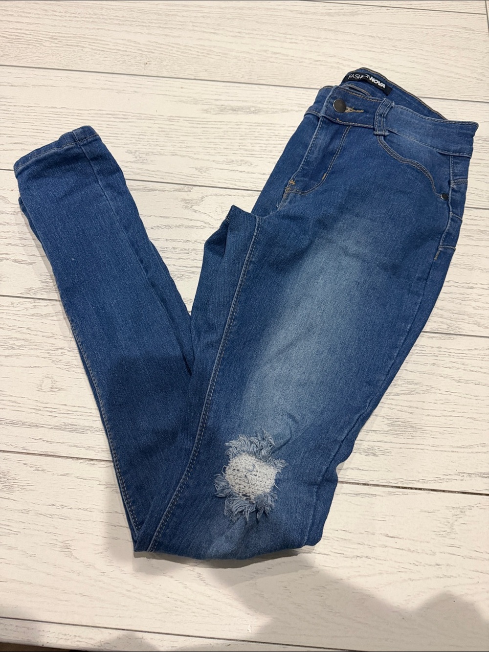 Fashion Nova Blue Skinny Jeans with Knee Distress